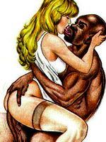 Cartoon blonde bride willingly being fucked by three sex hugnry black strangers.