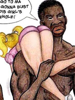 Pigtailed blonde toon chick moves aside her white panty just to be fucked by black dudes.